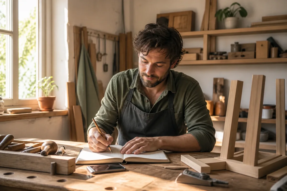 Artisan indépendant organisant sa semaine dans son atelier de menuiserie