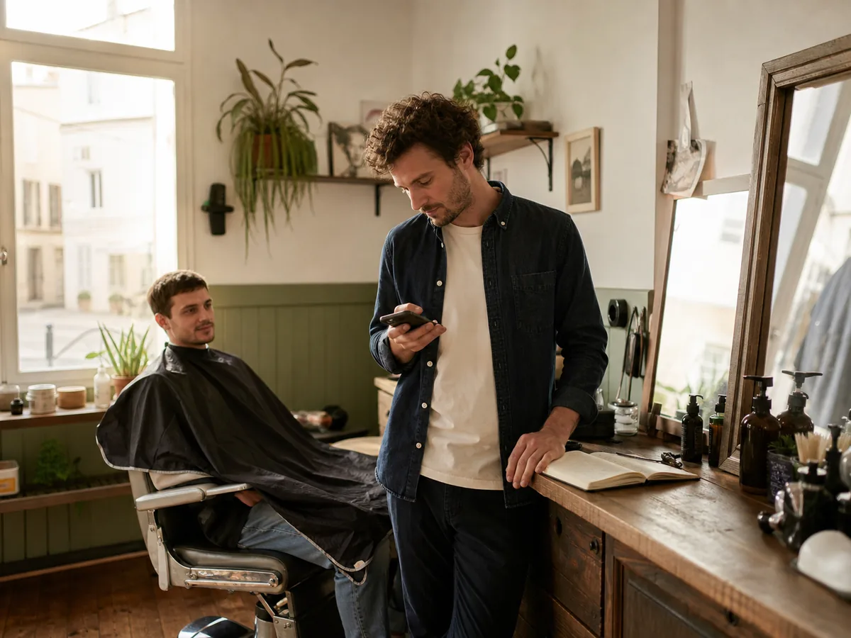 Un barbier indépendant consulte son prochain rendez-vous dans son premier salon