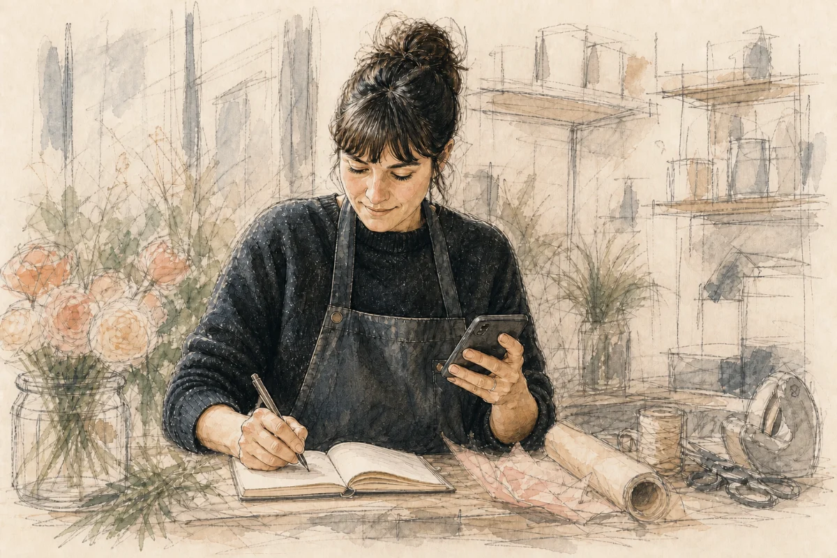 Croquis d’une fleuriste notant une demande client reçue sur son téléphone
