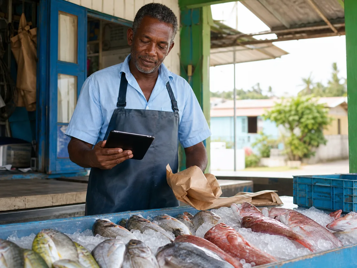 Un poissonnier en Guadeloupe prépare ses commandes dans son commerce de proximité