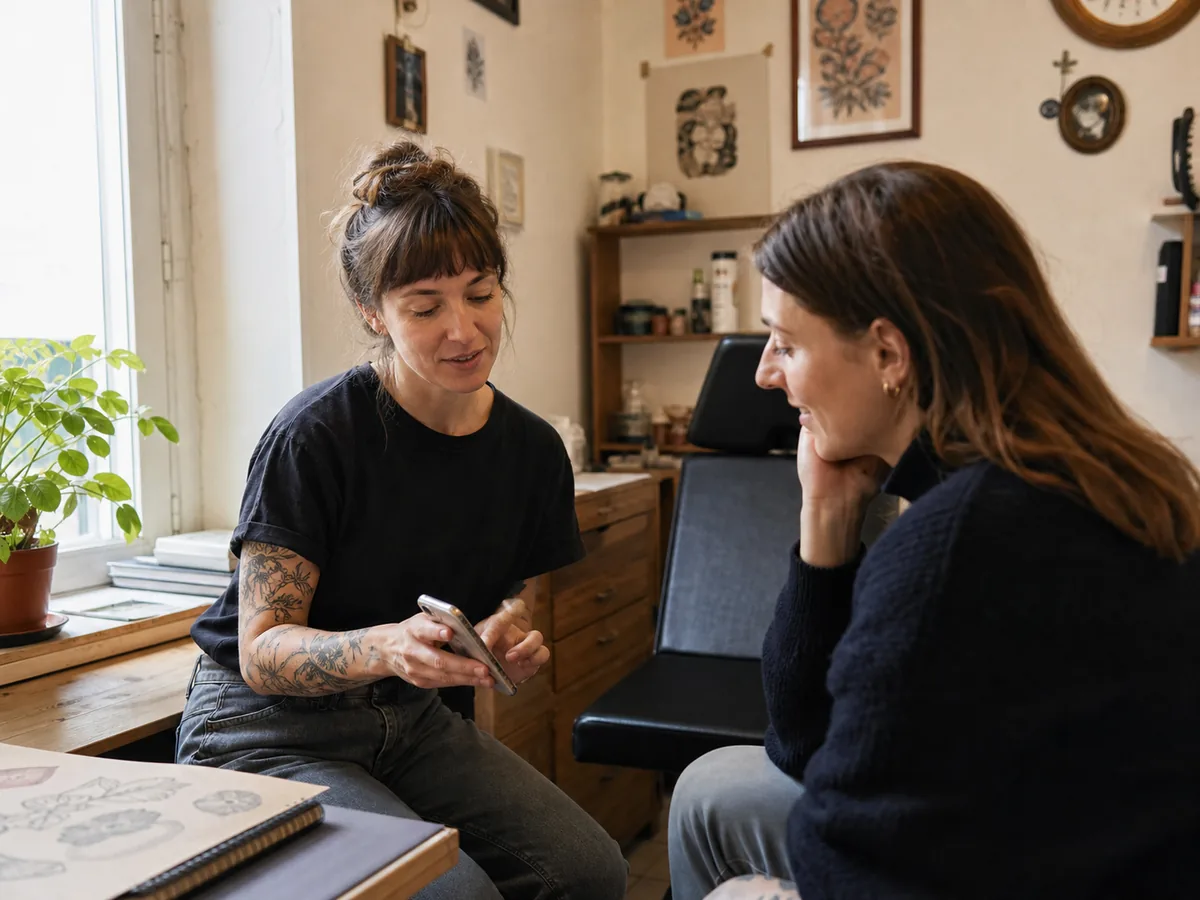 Tatoueuse indépendante préparant un rendez-vous avec sa cliente dans son studio