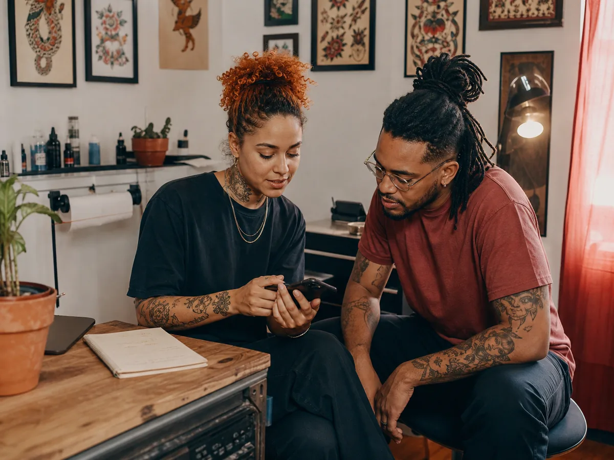 Tatoueuse indépendante consultant le rendez-vous d’un client dans son studio
